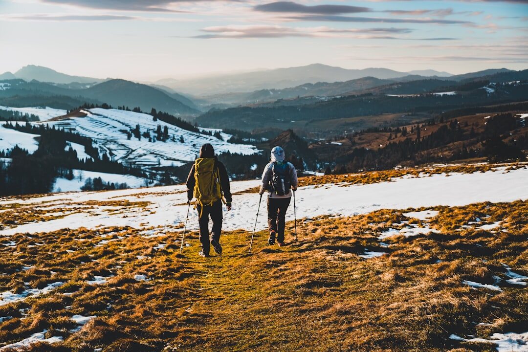seniors hiking in mountains