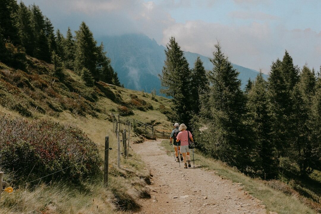 seniors hiking in mountains